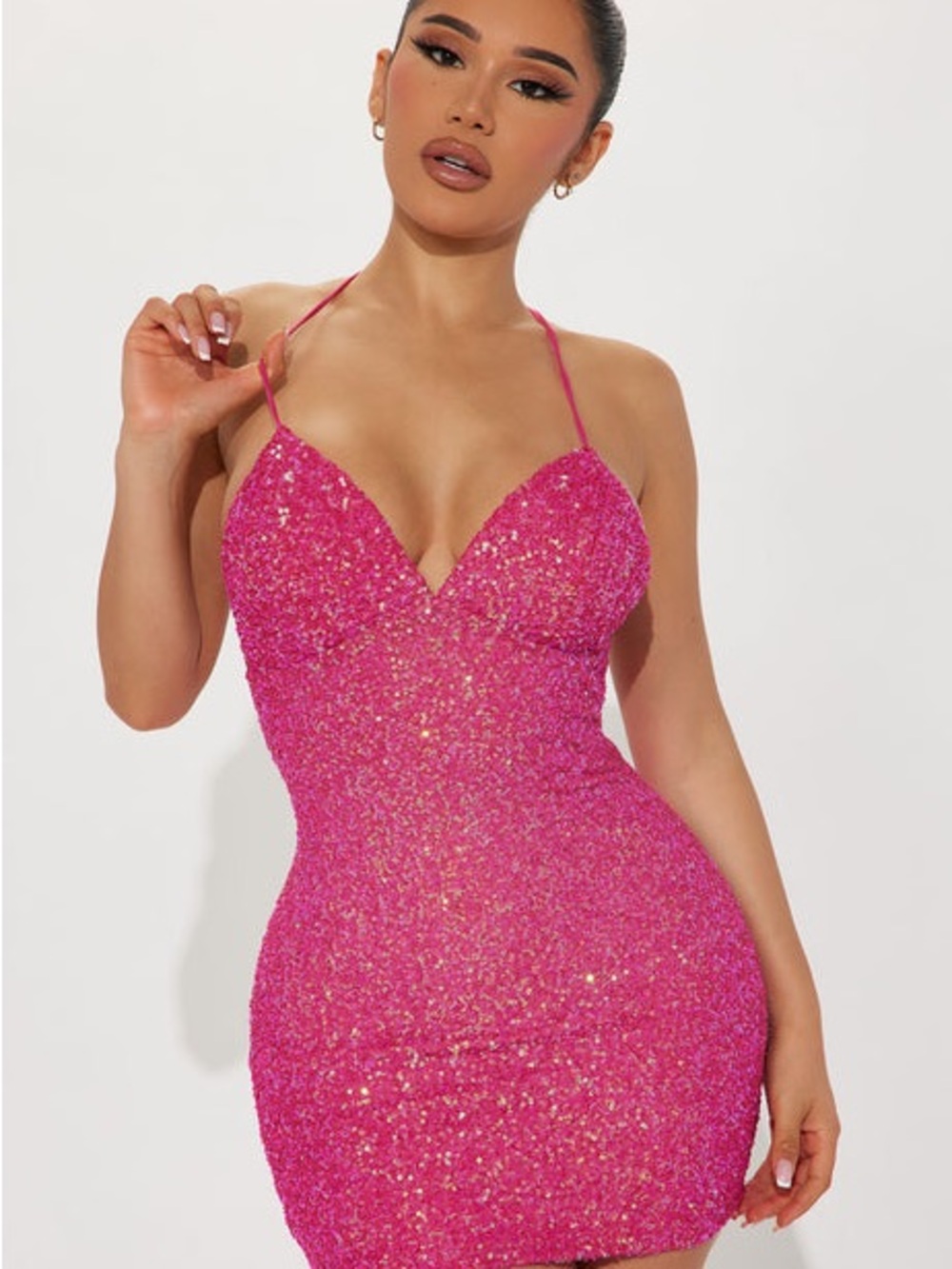 Fashion Nova Sequin Halter Mini Dress in Hot Pink